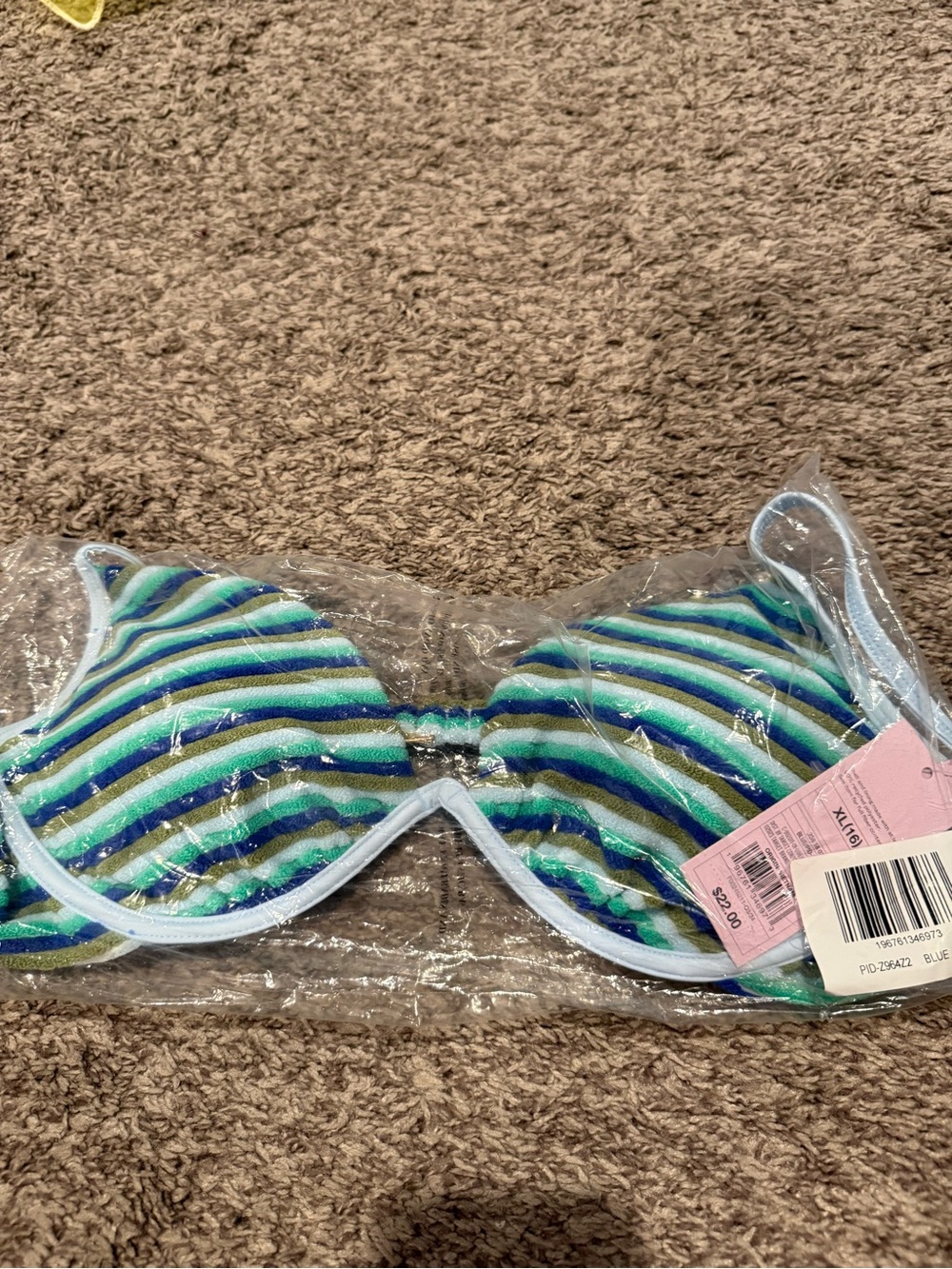 Striped Blue & Green terry cloth Bikini Top